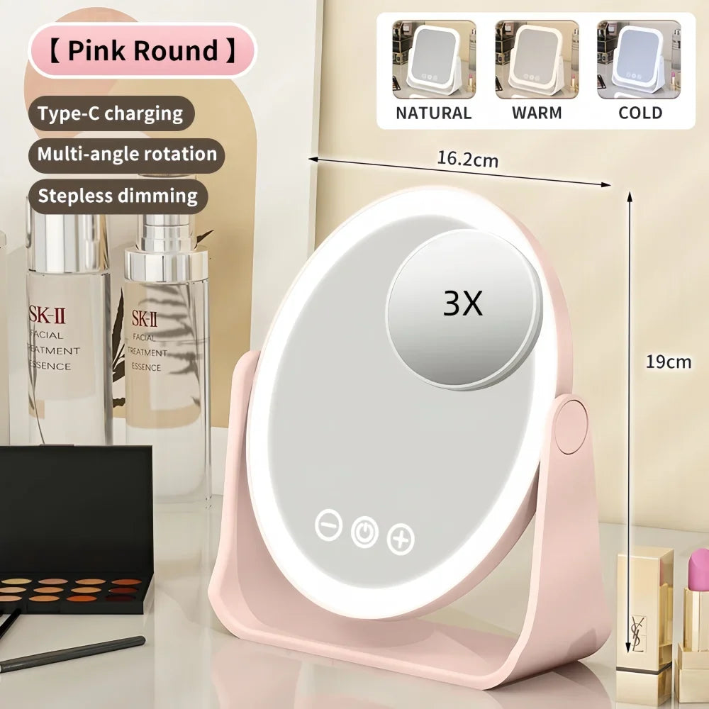 Blushimmer LED makeup mirror with touch dimming, 3x magnifier, portable rechargeable vanity mirror on a desk.