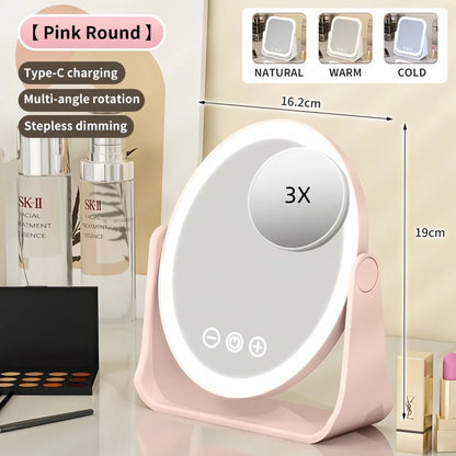 Blushimmer LED makeup mirror with touch dimming, 3x magnifier, portable rechargeable vanity mirror on a desk.