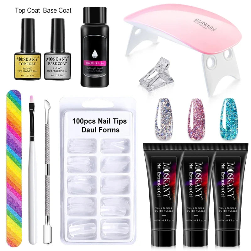 Blushimmer poly nail gel full set with 6W LED lamp, nail tips, 3D design decorations, and manicure tools for beginners.
