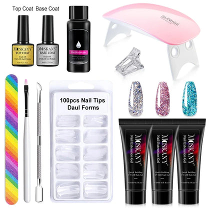 Blushimmer poly nail gel full set with 6W LED lamp, nail tips, 3D design decorations, and manicure tools for beginners.