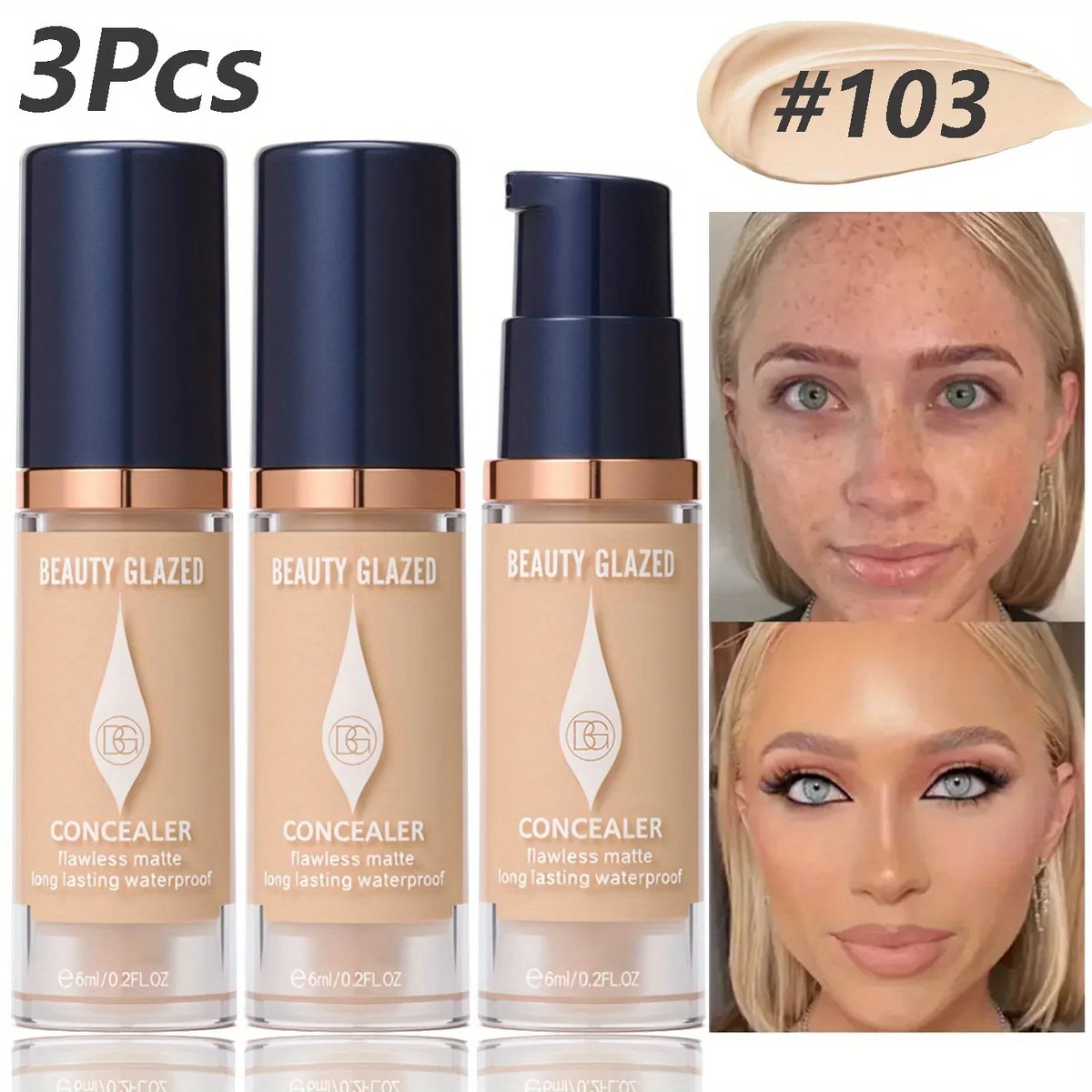 Blushimmer 3-piece full coverage concealer and foundation set with waterproof, matte finish for dark spots and tattoos, travel size.