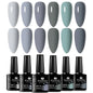 Blushimmer 6-piece nail gel polish set with vibrant all-season semi-permanent UV gel for DIY or salon manicures, shown in various shades.