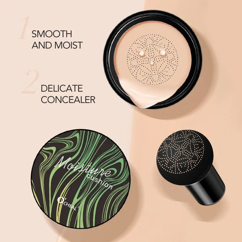 Blushimmer Ocheal BB Cream Air Cushion Compact with mushroom puff for foundation and concealer, facial makeup in a sleek compact container.