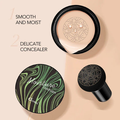 Blushimmer Ocheal BB Cream Air Cushion Compact with mushroom puff for foundation and concealer, facial makeup in a sleek compact container.