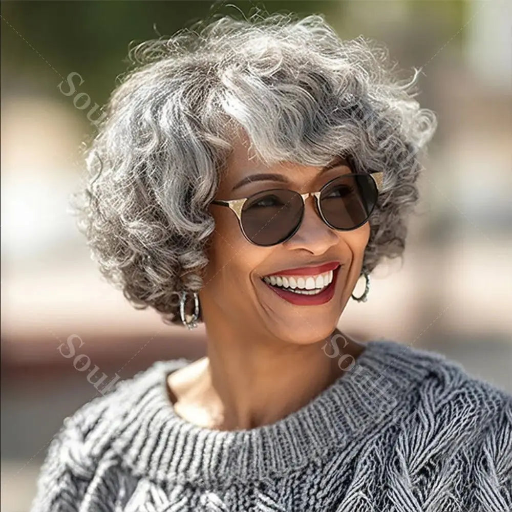 Soul Lady Salt & Pepper Wig Glueless Loose Curly 5x5 Lace Closure Human Hair With Bangs Silver Grey Short Bob Wigs For Seniors