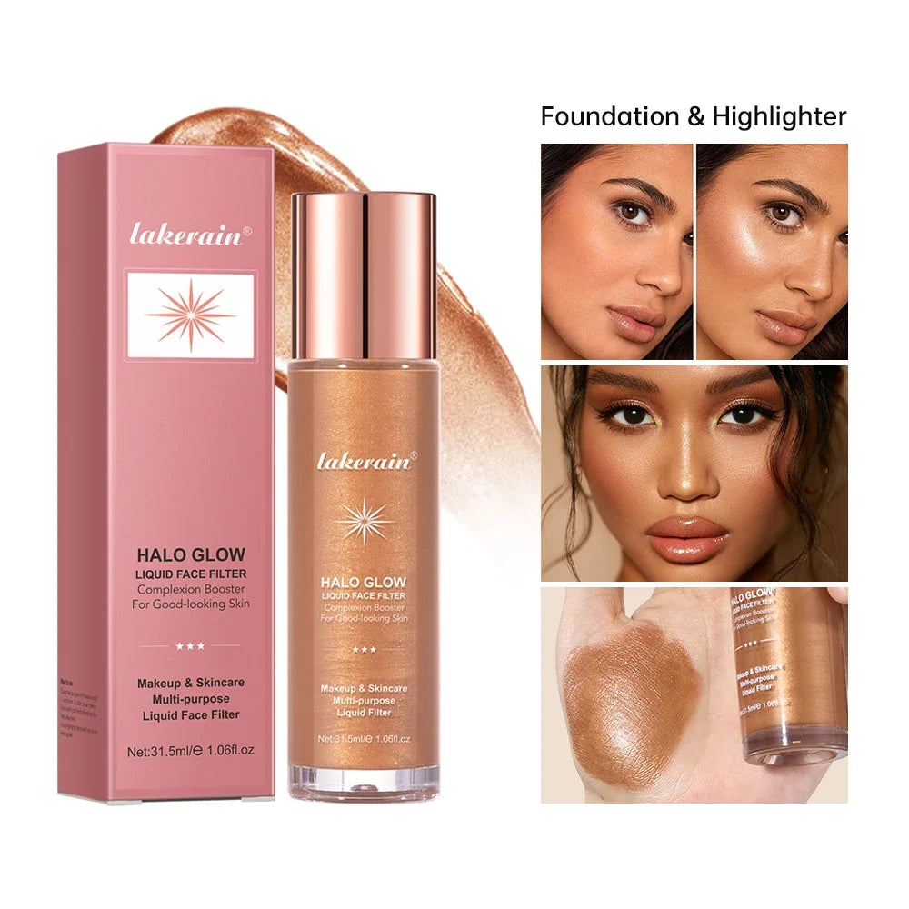 Blushimmer Halo Glow Liquid Highlighter with pearlescent finish, perfect for face and body contouring and luminous makeup looks.