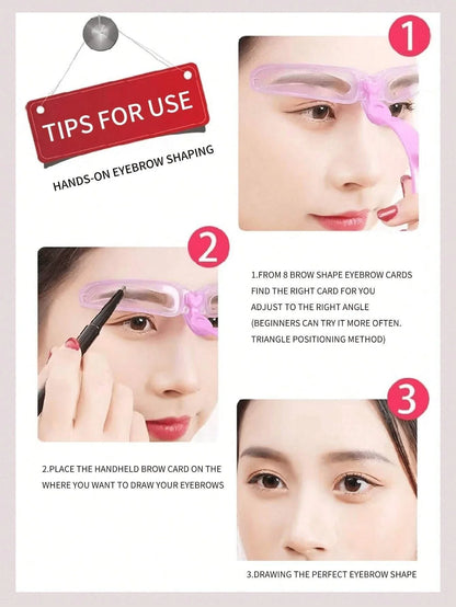 Blushimmer 8-in-1 reusable eyebrow template set with various tools and accessories for precise eyebrow shaping and makeup application.