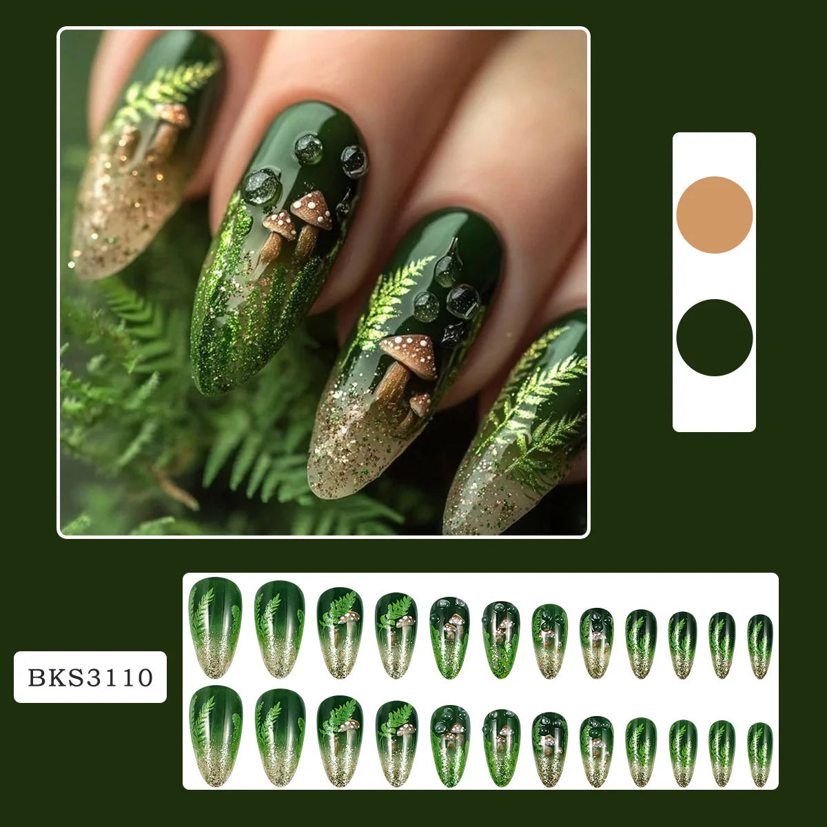 Set of 24 glossy almond false nails by Blushimmer with dark green forest mushroom pattern, gold sequins, and French style design.