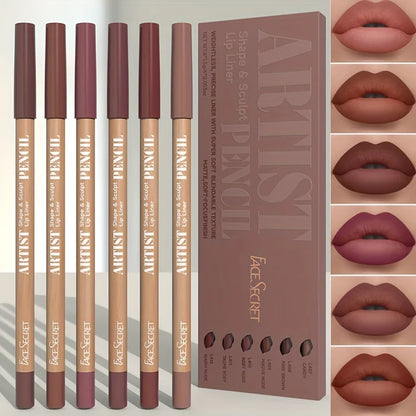 Blushimmer 6-piece velvet matte lip liner pencil set with long-lasting, non-drying formulas for defining lips and versatile for all skin types.
