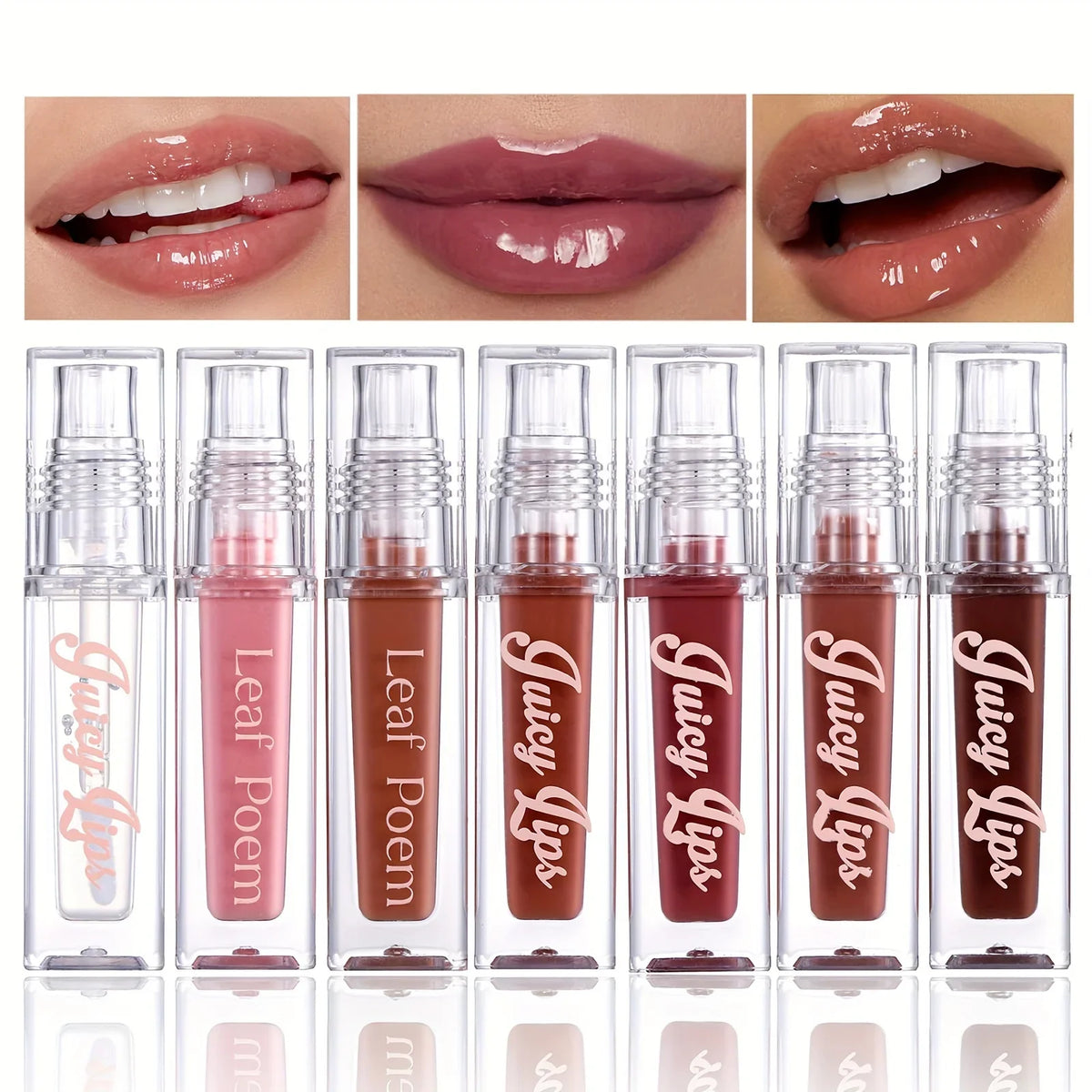 Blushimmer Hydrating Crystal Lip Oil with tinted gloss, showcasing plumping and moisturizing properties on smooth, shiny lips.