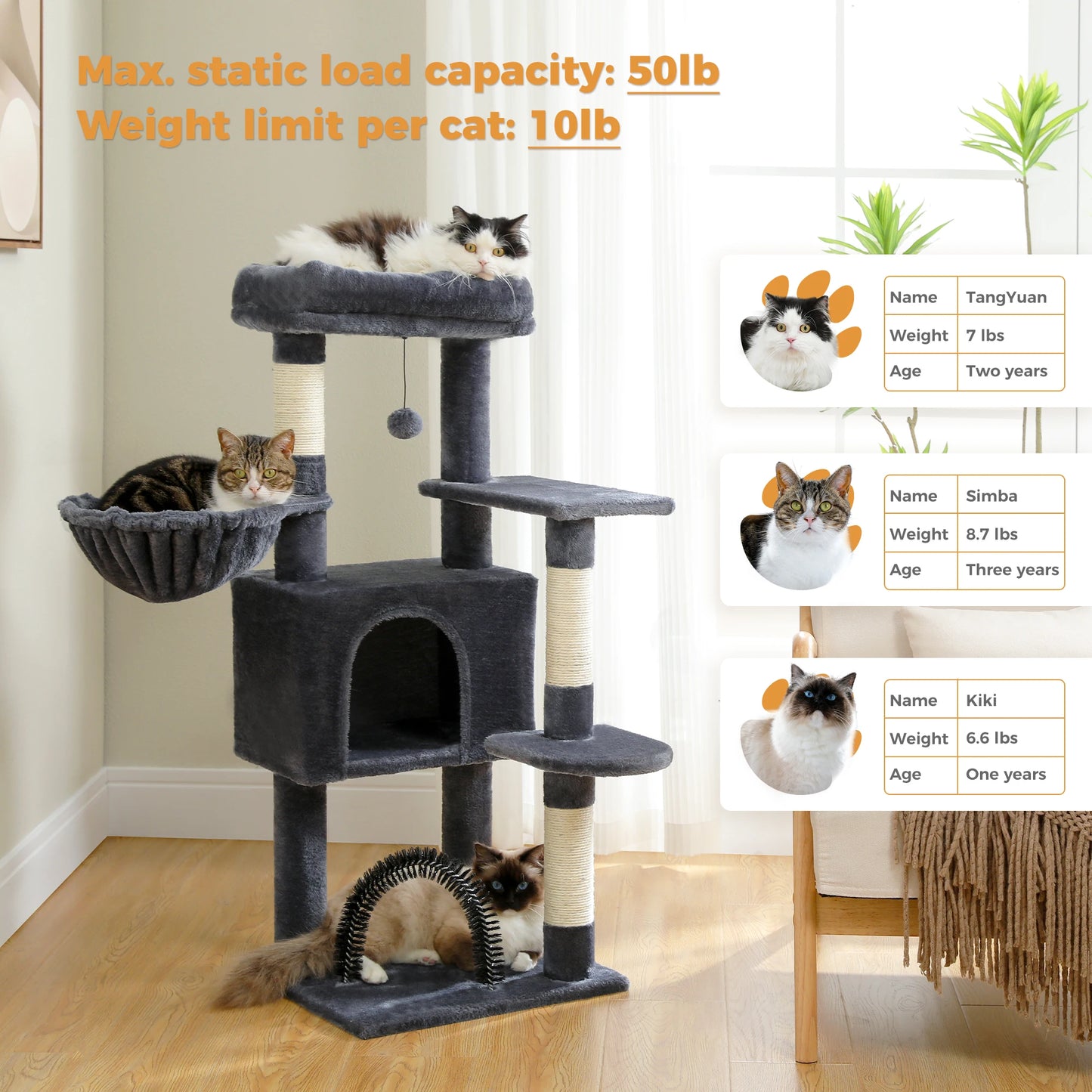 A cozy indoor cat tree with plush perch, condo, hammock, and sisal scratching posts by Aiwang Pet Products.