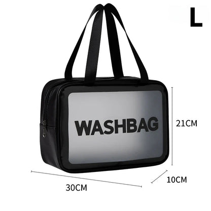 Transparent waterproof travel wash bag by Blushimmer with large capacity for cosmetics and makeup storage, ideal for women.