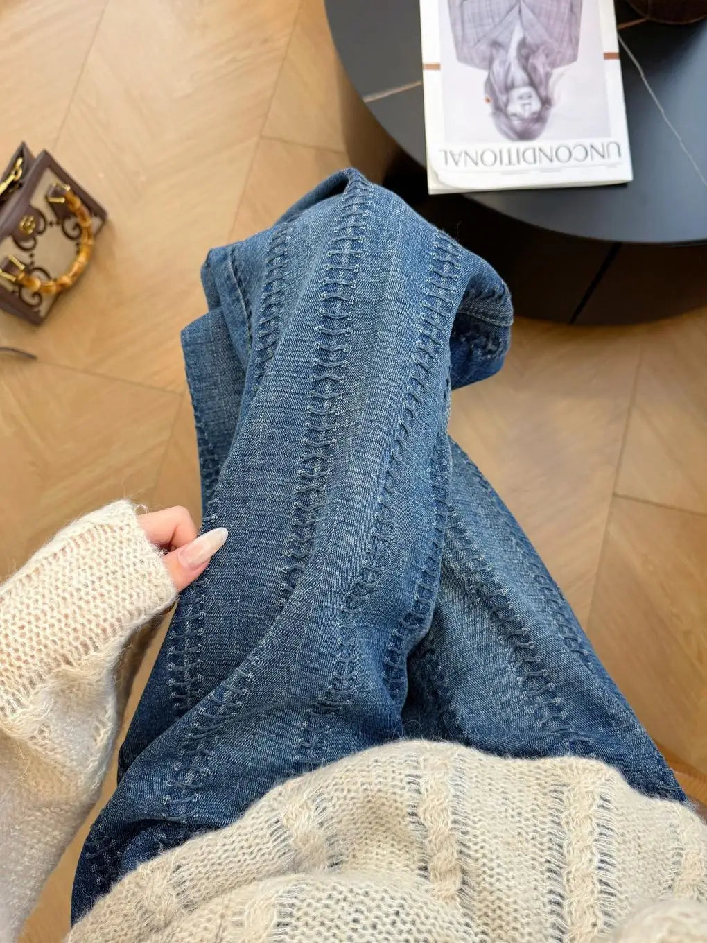 Blue Casual Heavy Craftsmanship High Waist Wide Leg Jeans For Women 2025 New Version, Good-Looking Straight Leg Pants