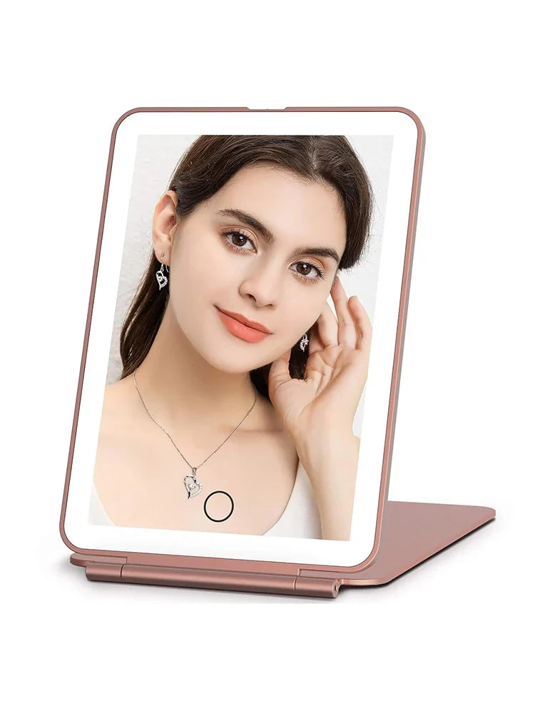 Blushimmer LED folding travel makeup mirror with 3 light modes, USB rechargeable, touch screen, portable tabletop design
