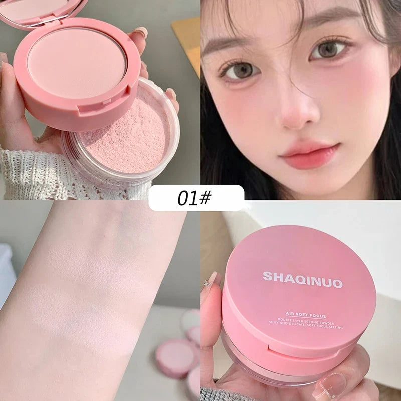 Blushimmer rose pink 2-in-1 loose setting powder with lavender purple hue, waterproof, oil control, and transparent pressed powder concealer.