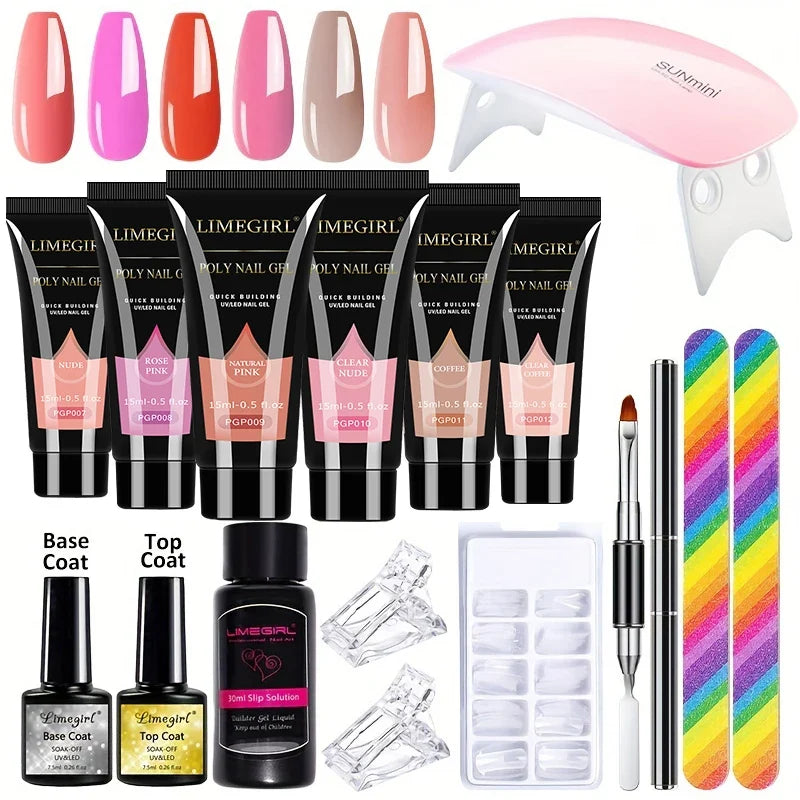 Blushimmer 6-piece extension nail polymer gel set with mini lamp, quick building UV/LED gel for manicure extension and DIY nail art