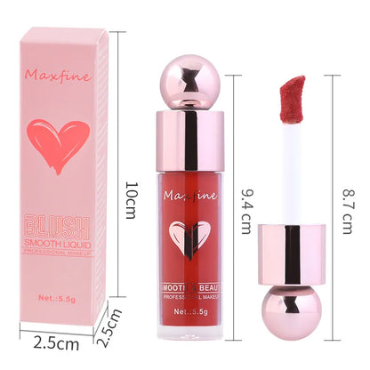 Blushimmer matte liquid blush with highly pigmented, long-lasting, non-fading formula shown in a sleek bottle, ideal for festival makeup.