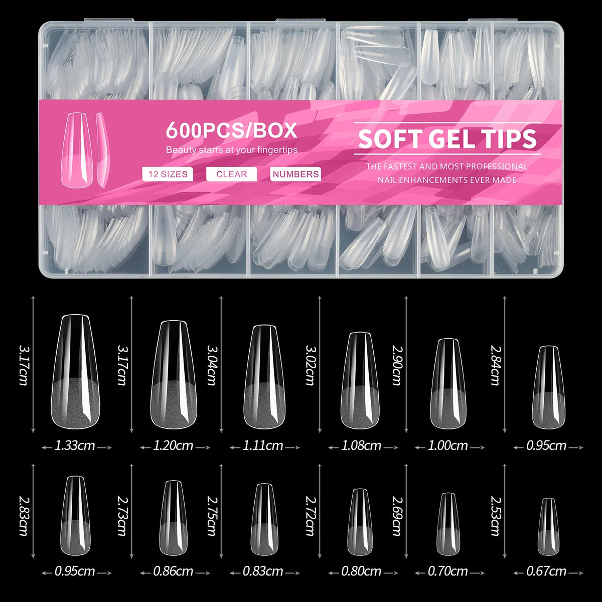 Set of 600 short almond-shaped soft gel nail tips by Blushimmer, full cover false nails for acrylics, salon and home use