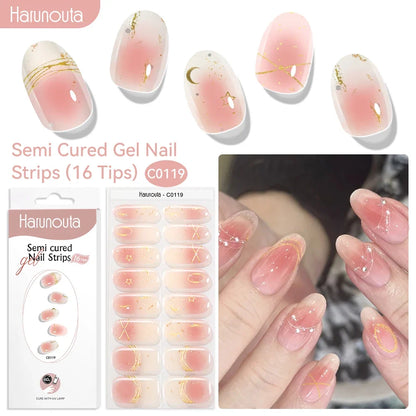 Blushimmer Harunouta 16-strip gradient red marble gel nail strips with gold line for DIY gel polish, UV/LED compatible, semi-cured finish