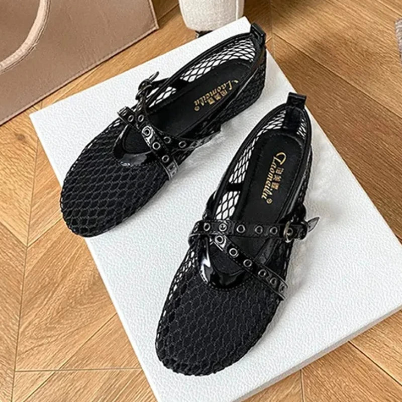 Mesh Brand Ballet Flats Women Rivet Belt Buckle Fashion Sandals Ladies Comfort Hollow Designer Breathable Mary Jane Shoes Woman