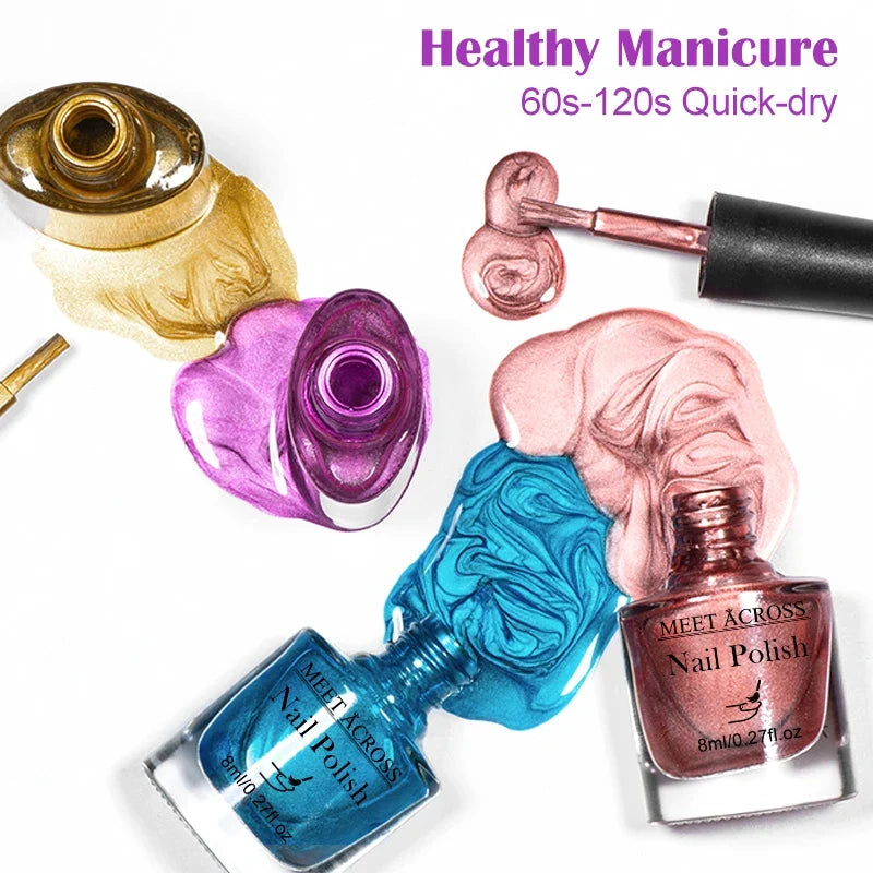 Blushimmer metallic nail polish bottle with 8ml capacity, showcasing a mirror finish, air-dry, soak-off, long-lasting manicure varnish