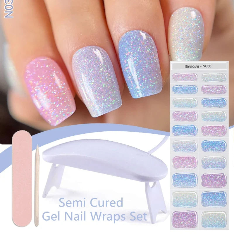 Blushimmer Harunouta 4-piece set of gradient jelly semi-cured gel nail strips with nude pink waterproof design and nail lamp.
