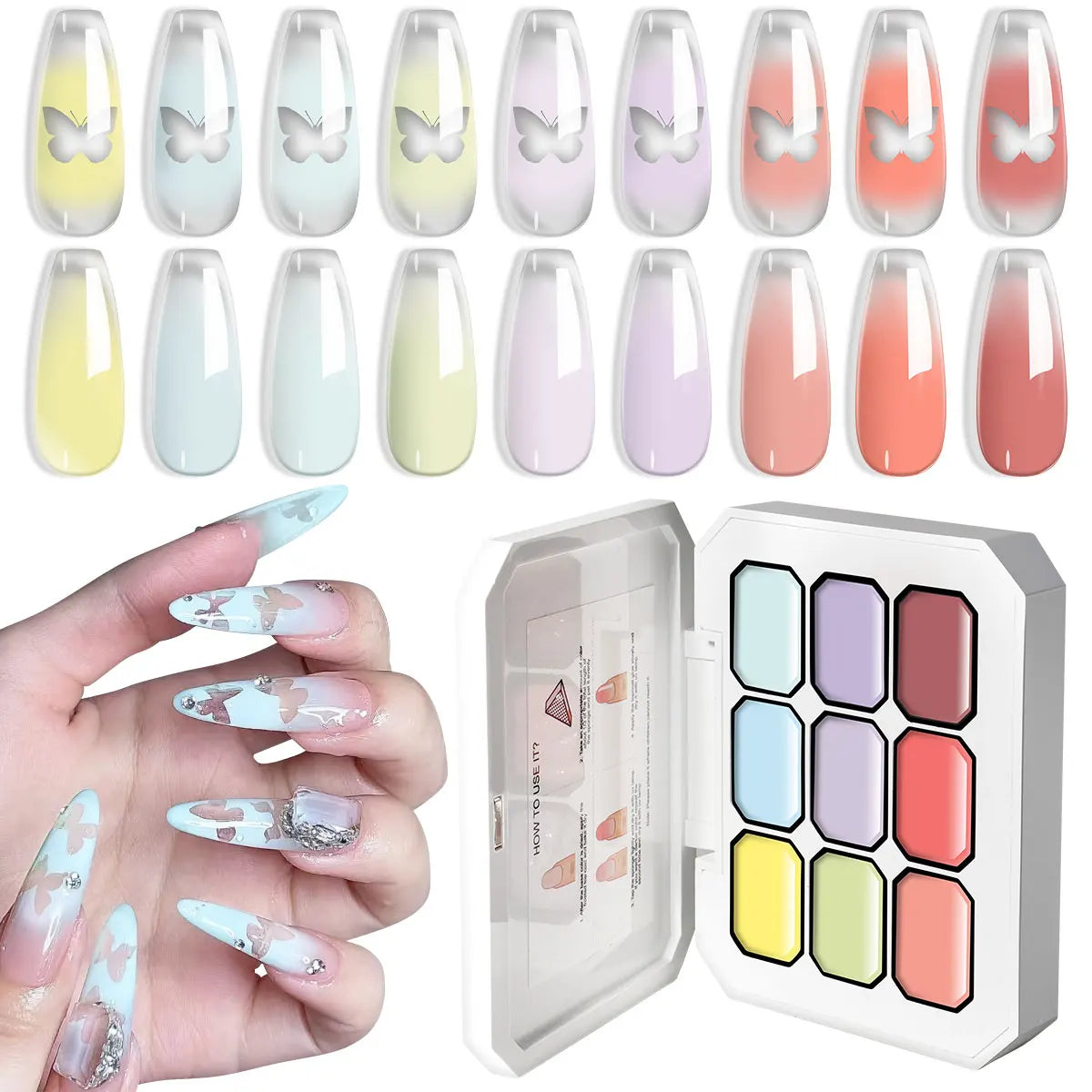 LIMEGIRL 9-color gradient gel nail polish by Blushimmer with flower paint and engraving design for DIY nail art.