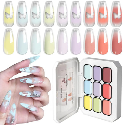 LIMEGIRL 9-color gradient gel nail polish by Blushimmer with flower paint and engraving design for DIY nail art.