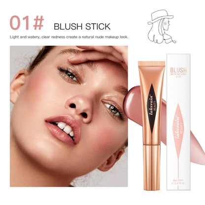 Blushimmer liquid contouring highlighter stick with matte finish, enhancing nose shadow, small V face, and cheek blush highlighting.