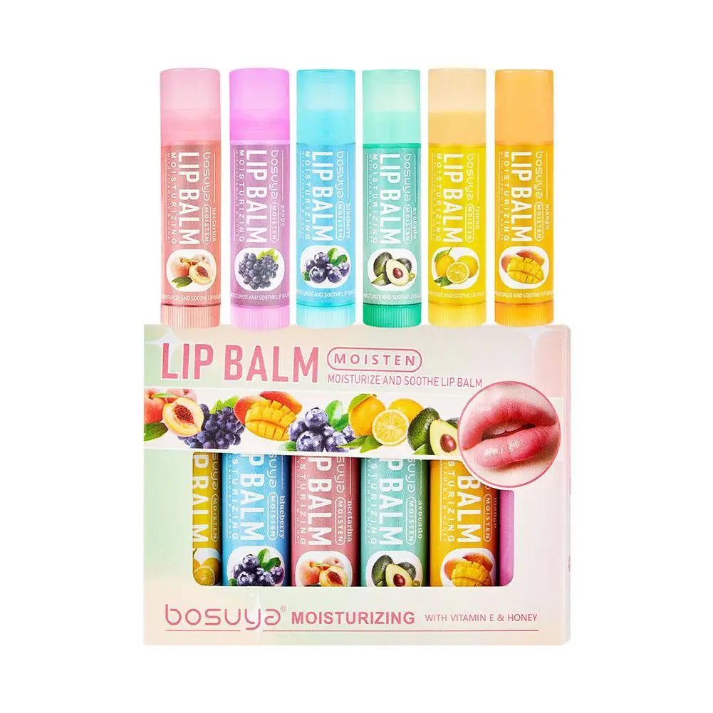 Assorted fruit-flavored Blushimmer lip balm set with 6 or 24 pieces, featuring hydrating and nourishing balms for dry lips.
