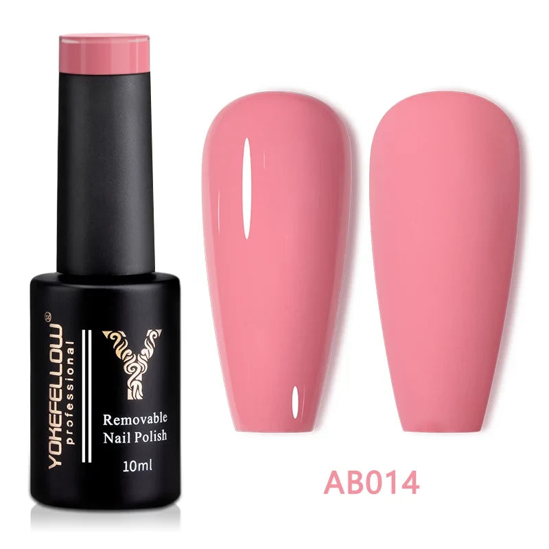 YOKEFELLOW 10ml translucent pink gel nail polish by Blushimmer, showing the high-quality soak-off UV gel varnish in a clear container.