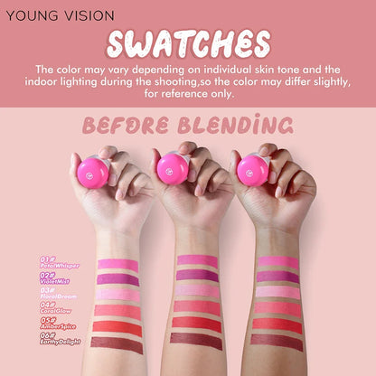 Blushimmer 6-color mousse texture powder blush with matte velvet finish, includes finger puff for easy application.