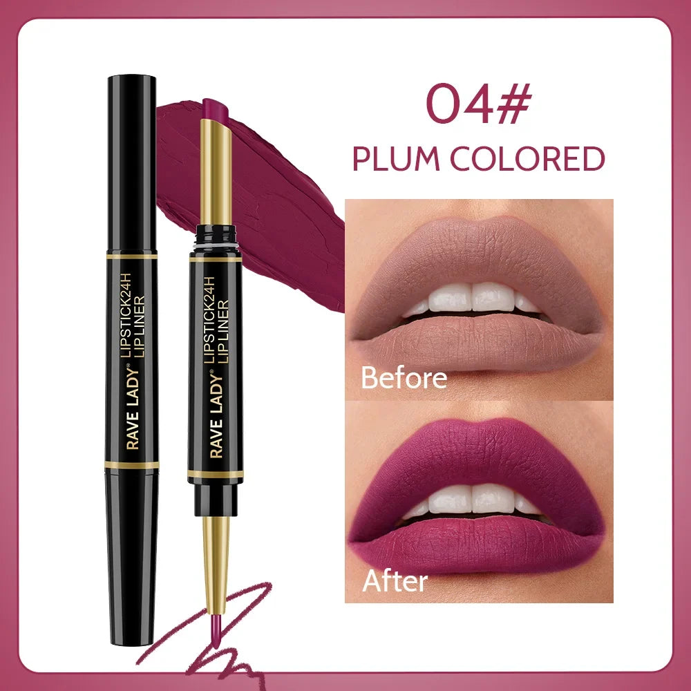 Blushimmer Rave Lady 2-in-1 matte lipstick and lipliner pencil in red, waterproof, long-lasting makeup with six color options.