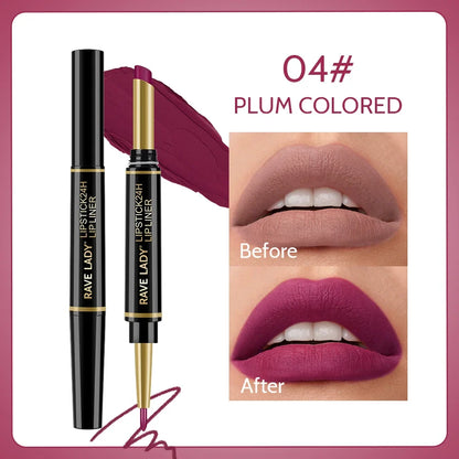 Blushimmer Rave Lady 2-in-1 matte lipstick and lipliner pencil in red, waterproof, long-lasting makeup with six color options.