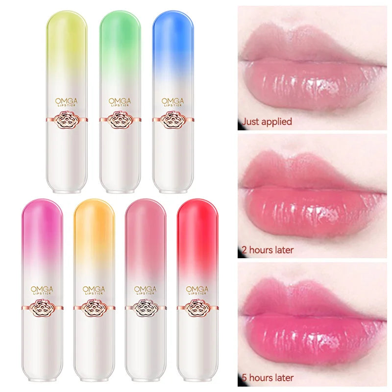 Blushimmer OMGA color-changing lip balm with peach flavor, hydrating and waterproof jelly lipstick, showing smooth, moisturized lips.