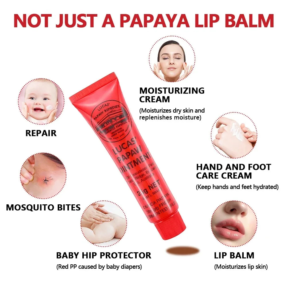 Blushimmer Lucas Papaw Face Care Lip Balm 25g, moisturizing and hydrating lipstick with anti-drying properties, suitable for all skin types.
