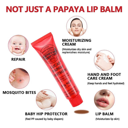 Blushimmer Lucas Papaw Face Care Lip Balm 25g, moisturizing and hydrating lipstick with anti-drying properties, suitable for all skin types.