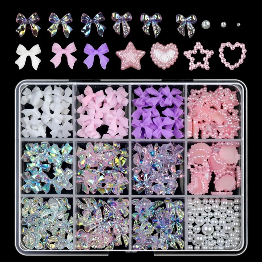 Assorted 3D gold bow and butterfly nail charms from Blushimmer, shiny metal nail art jewelry for luxury nail designs.