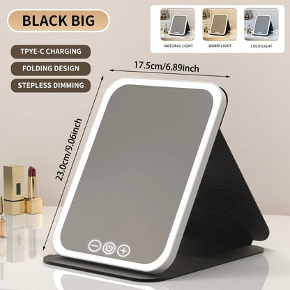 Blushimmer dimmable LED makeup mirror with touch screen, foldable design, rechargeable, in three colors for travel or home use.