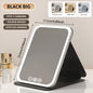 Blushimmer dimmable LED makeup mirror with touch screen, foldable design, rechargeable, in three colors for travel or home use.