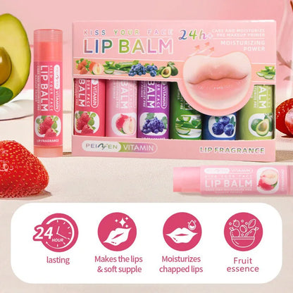Blushimmer Pennyfun fruit-flavored lip balm set with colorful tubes, showcasing vibrant packaging and variety of flavors.