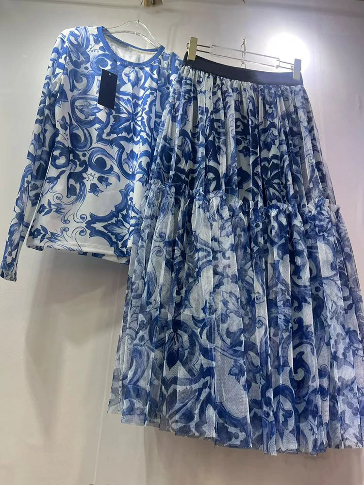 Retro mesh elastic long-sleeved top spring and summer new elastic waist big swing skirt fashion print women's two-piece dress