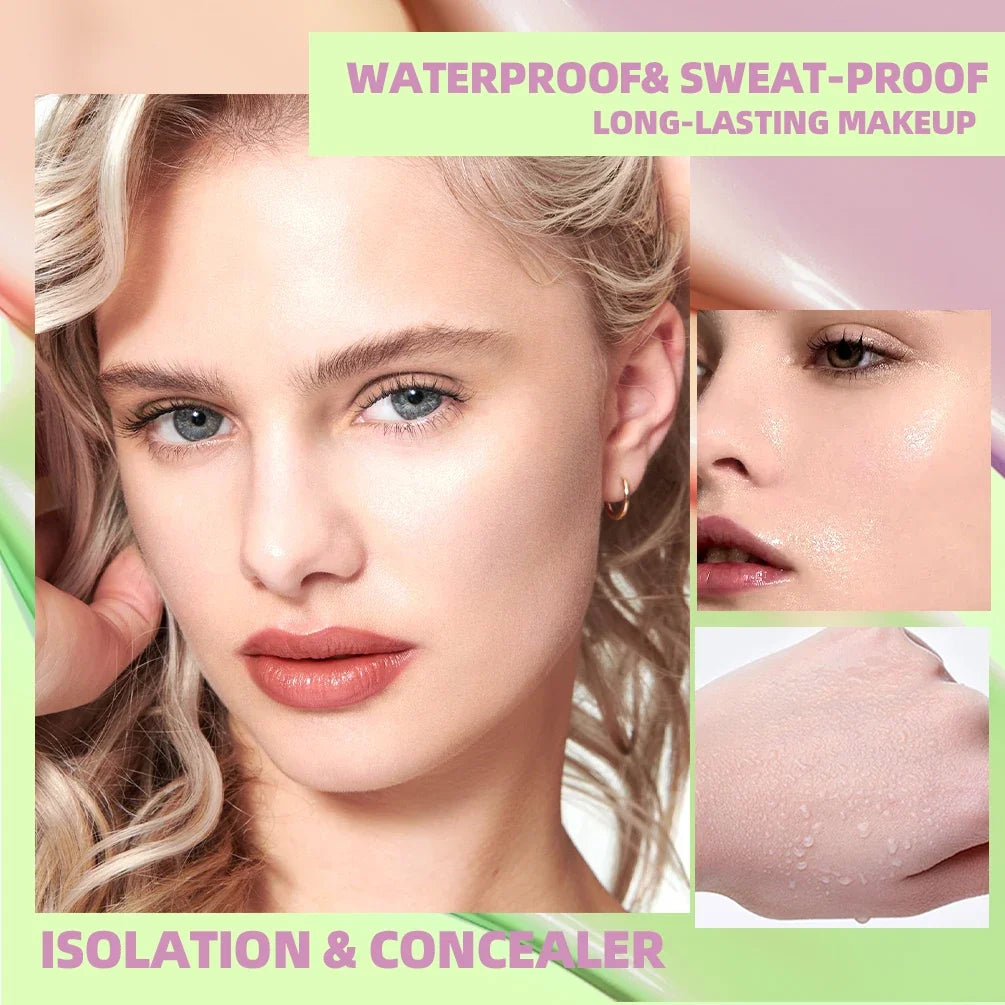 Blushimmer Qibest three-color press release cream concealer with brightening liquid face primer and makeup isolate for even skin.