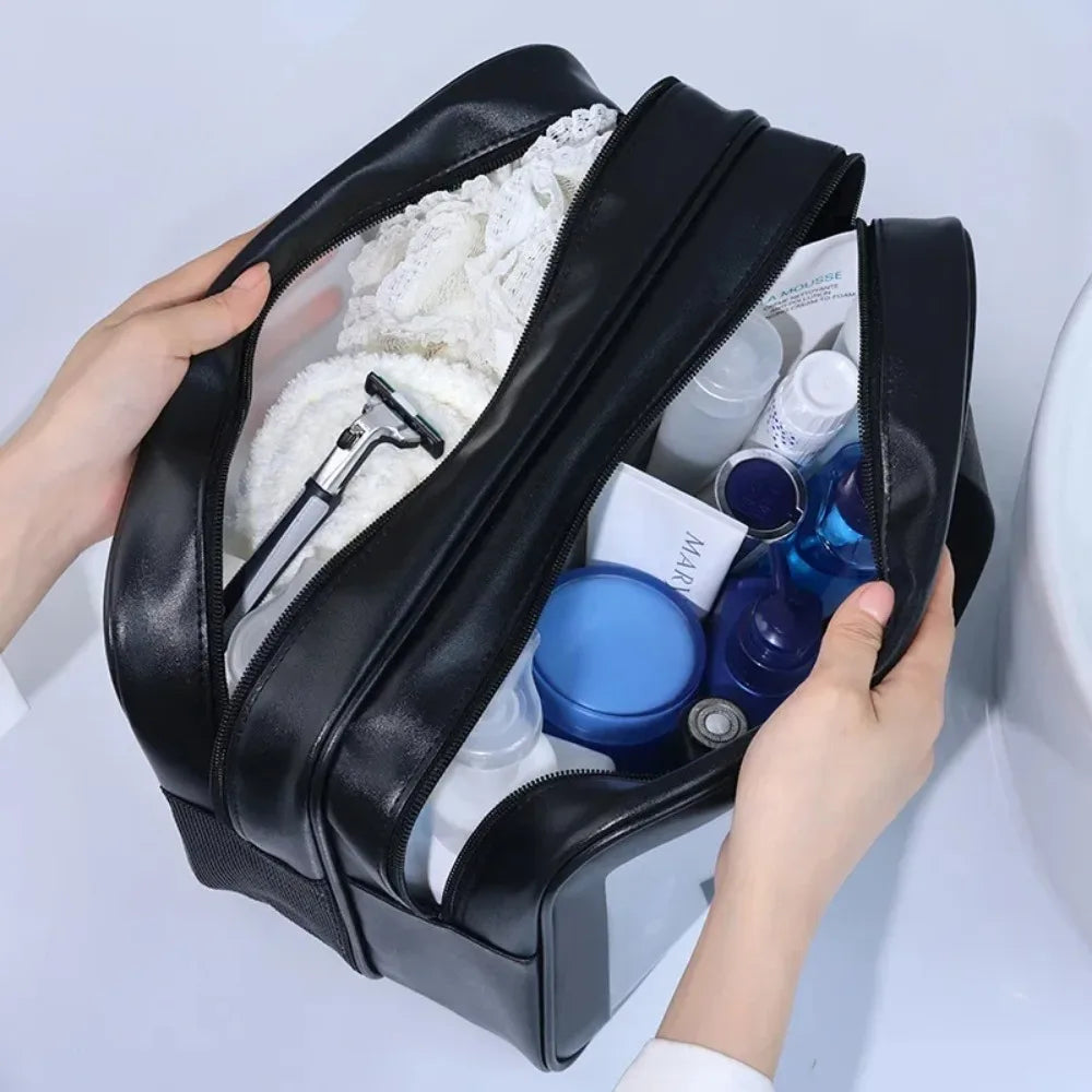 Blushimmer dry-wet separation double transparent PU makeup bag with portable design for cosmetics, travel, and swimming essentials.