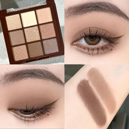 Blushimmer Chocolate Warm Brown Earth eyeshadow palette with 9 matte, orange, brown, and glitter shades for eye makeup.
