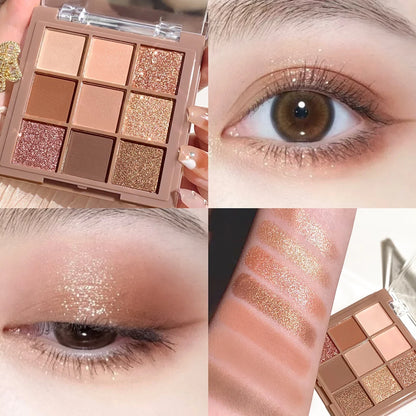 Blushimmer eyeshadow palette featuring 9-18 berry, brown, and nude matte and shimmer shades with waterproof, luxurious finish.