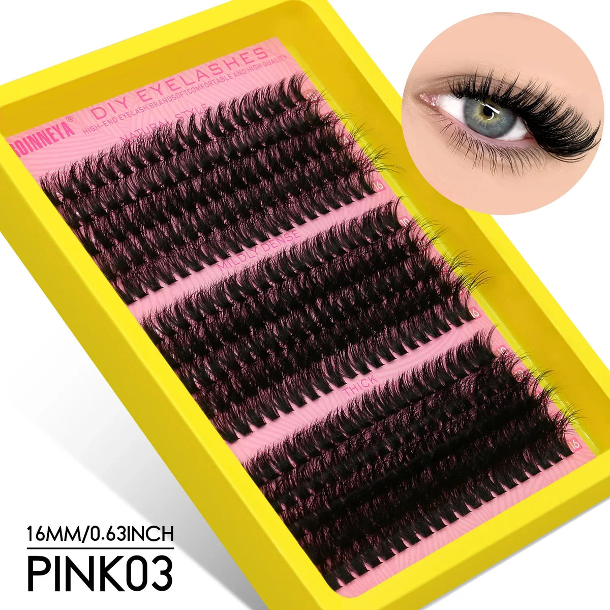 Blushimmer GROINNEYA DIY eyelash clusters with thick, fluffy D/DD curl, wispy style for natural-looking eyelash extensions.