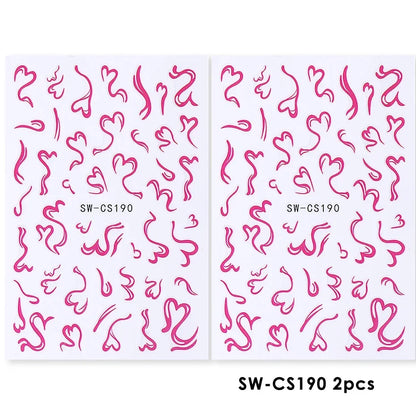 Colorful Blushimmer nail art stickers featuring flowers, hearts, cherries, butterflies, and bows for decorative manicures.