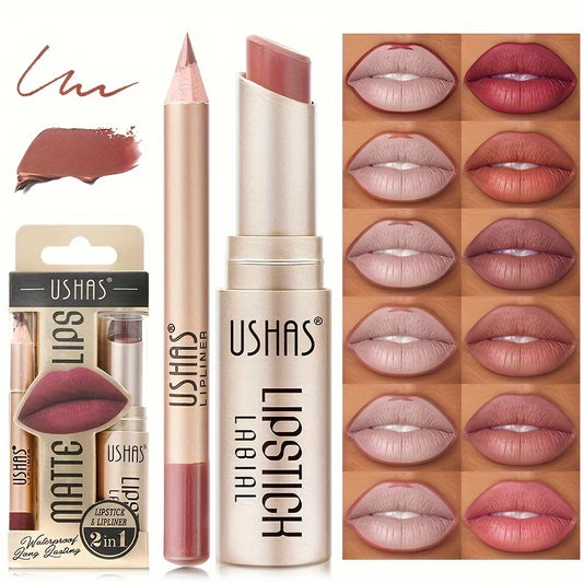 USHAS 12-color matte lipstick and lip liner set by Blushimmer, waterproof, long-lasting lip makeup with easy coloring and non-stick cup design.