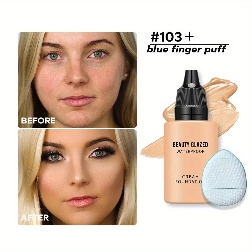 Blushimmer 2024 liquid matte foundation with blue puff, full coverage, waterproof, natural finish, and included makeup puff.